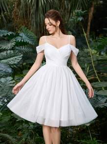 优雅涤纶薄纱半正式新娘礼服，露肩设计和蓬松薄纱裙 | 新娘送礼会和自然风活动宾客礼服，新娘 - 白色 - 查看 4