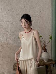 Women's V-Neck Solid Color Loose Casual Tank Top - Apricot - View 4