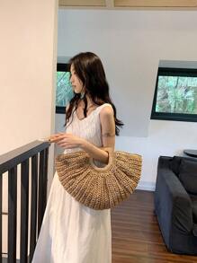 1 件大容量卡其色手提包，编织草编开口圆包，适合旅行、度假、海滩 - 卡其色 - 查看 5