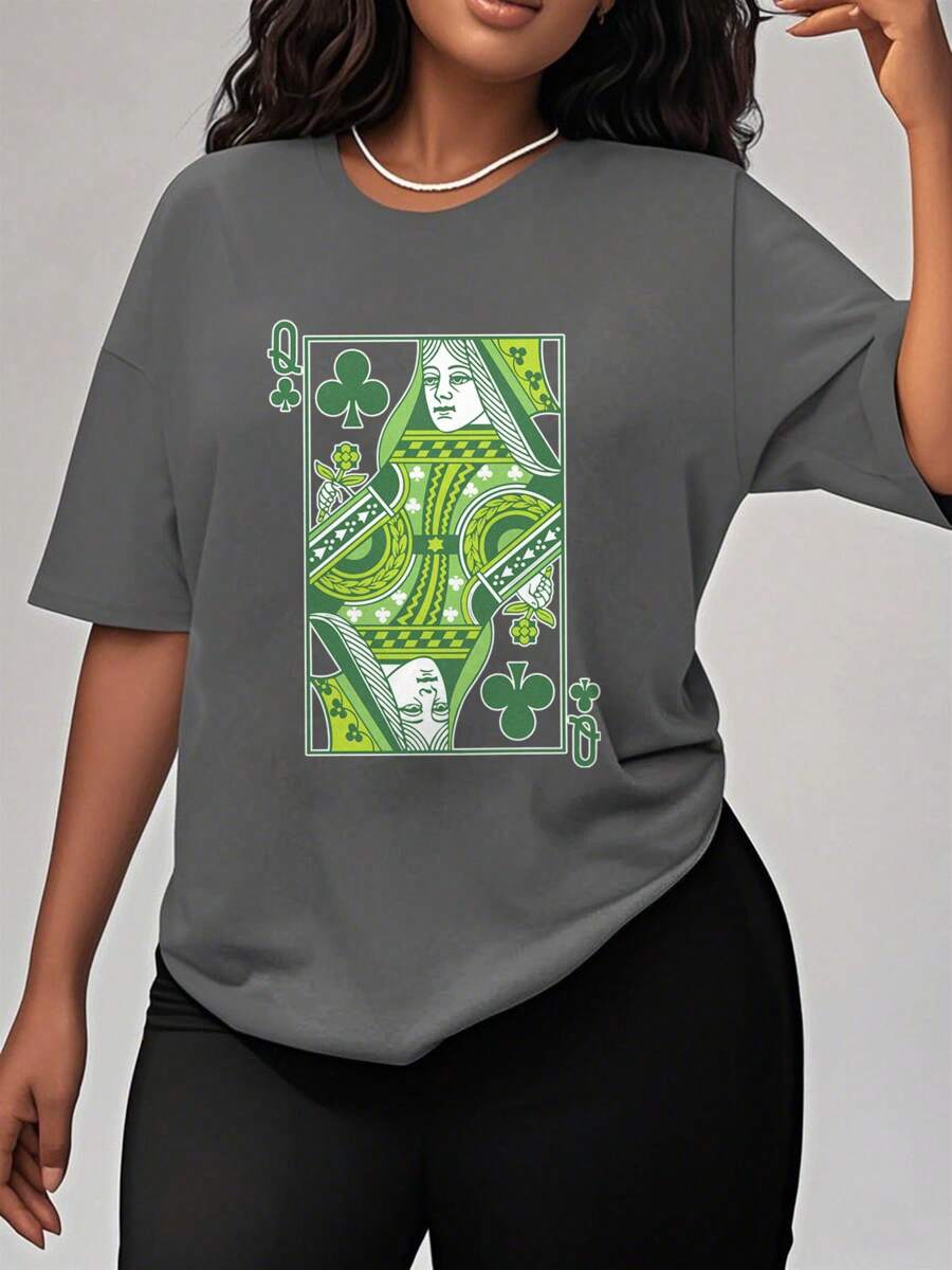 Oversized Style For Women, Queen Of Clubs Shirt For St. Patrick's Day, Comfort Colors Green St. Pats T Shirt, Retro Boho Vintage Graphic Tee, Fun Green Pub Crawl Tee, Oversize Type Shirt For Women, Perfect For Holiday Parties Or Gift Giving, Soft And Comfortable - 深灰色 - 查看 1