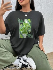 Oversized Style For Women, Queen Of Clubs Shirt For St. Patrick's Day, Comfort Colors Green St. Pats T Shirt, Retro Boho Vintage Graphic Tee, Fun Green Pub Crawl Tee, Oversize Type Shirt For Women, Perfect For Holiday Parties Or Gift Giving, Soft And Comfortable - 深灰色 - 查看 2
