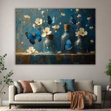 Flower Art Print On Canvas, Blue Butterflies And Small White Flowers In A Glass Bottle Watercolor Botanical Canvas Painting Poster With Frame, Suitable For Living Room, Studio Hallway, Art Exhibition, Perfect Birthday Gift, (White)