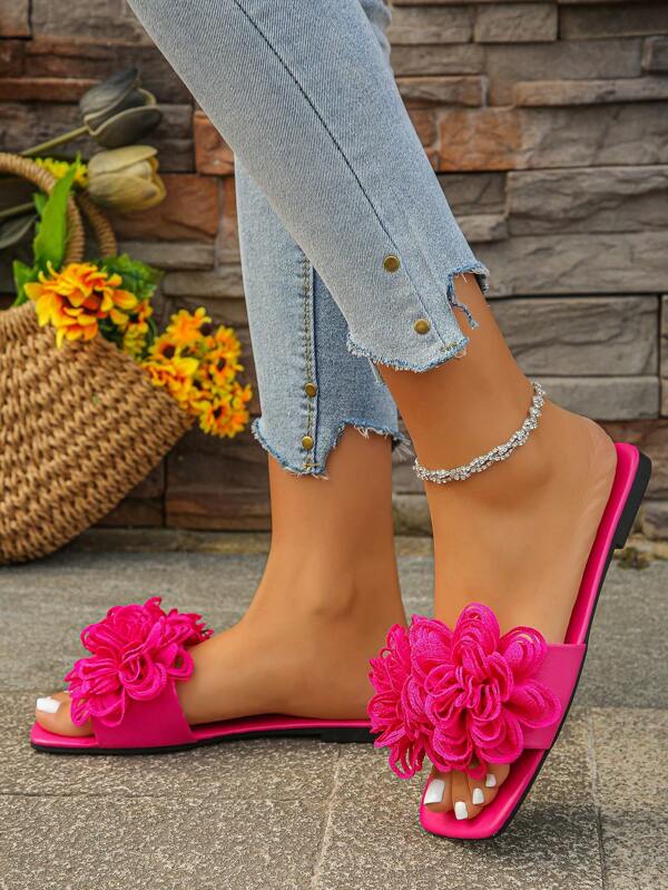 صندل نسائي مفتوح الأصبع مزين بالزهور، صندل صيفي مسطح، سهل الارتداء، بكاحل واسع، أنيق للشاطئ والموضة اليومية