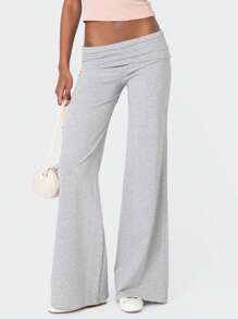 Women Fold Over Yoga Pants Low Rise Solid Color Stretch Casual Straight Wide Leg Palazzo Pants Loose Fit Comfy Flared Leggings Gym Lounge Pants Bootcut Bell Bottoms Baggy Sweatpants Teen Girl Back To School Bottoms Y2k Streetwear - 灰色 - 查看 3