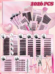 MAANGE 全新 1026 簇 CC 卷曲漫画睫毛和自粘睫毛礼品套装，满足美丽女性的所有需求，带自粘睫毛的单独睫毛延长套件，含 2 件睫毛镊子 + 2 件睫毛夹 + 20 件睫毛梳 + 20 件唇刷 + 6 件化妆刷，DIY 塔尖麦穗假睫毛