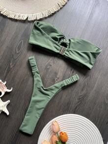 纯色荷叶边比基尼泳装，性感女士泳衣