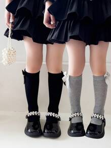 2 双女孩纯色蝴蝶结装饰透气及膝袜，适合日常穿着