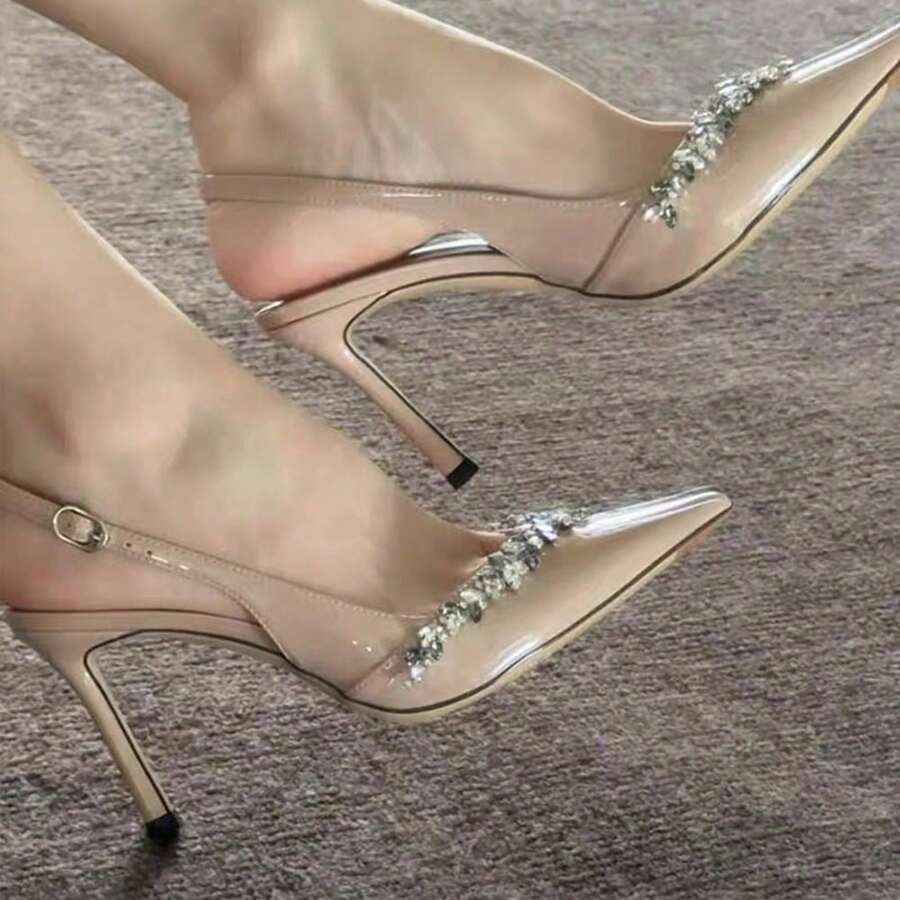 Nude Patent Leather Pointed Toe Stiletto Shallow-Mouth Shoes For Women Autumn And Winter Rhinestone High Heels For Women