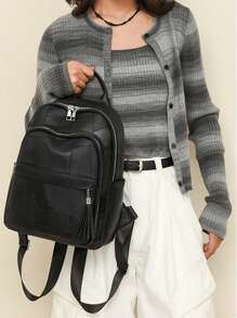 高品质柔软皮革复古女士背包，大容量旅行背包 - 黑色 - 查看 9