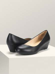 Women's Mid Wedge Heel Pumps Closed Toe Slip-On Elegant Comfortable Casual Shoes - Black - View 8