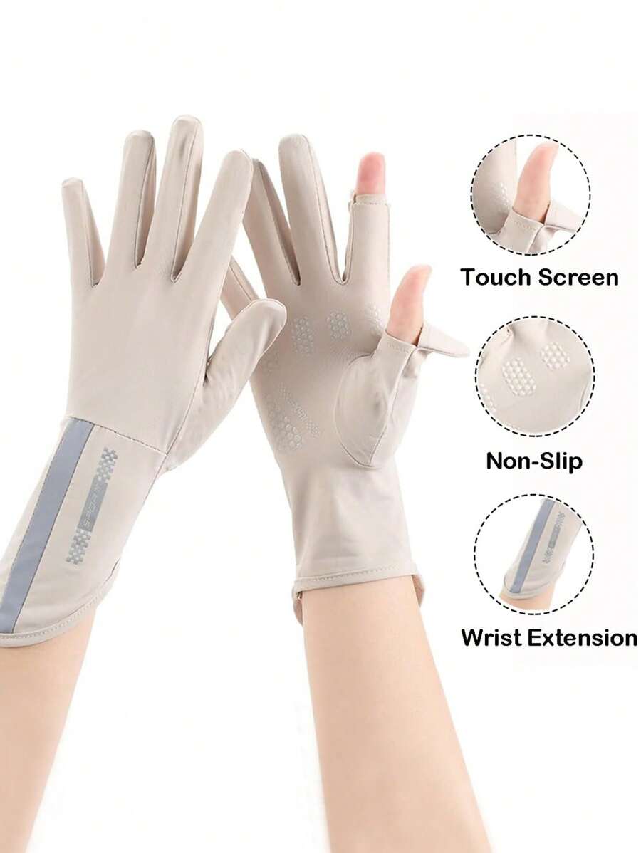 女士中长款冰丝手套，1双夏季防紫外线手套，带触摸屏功能，透气，防滑，纯色，半指，适合骑自行车和开车等户外活动