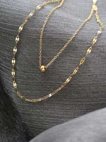 Stainless Steel Waterproof Non-Fading Gold Double-Layer Necklace With Round Bead & Lip Pendant, Suitable For Women's Daily Wear - Gold - View 2