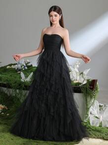 Teen Girls' Layered Mesh Overlay Strapless Party Dress - Black - View 5