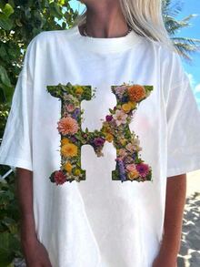 Ladies' Letter And Flower Combination Creative Pattern Loose Fashion T-Shirt - White - View 1