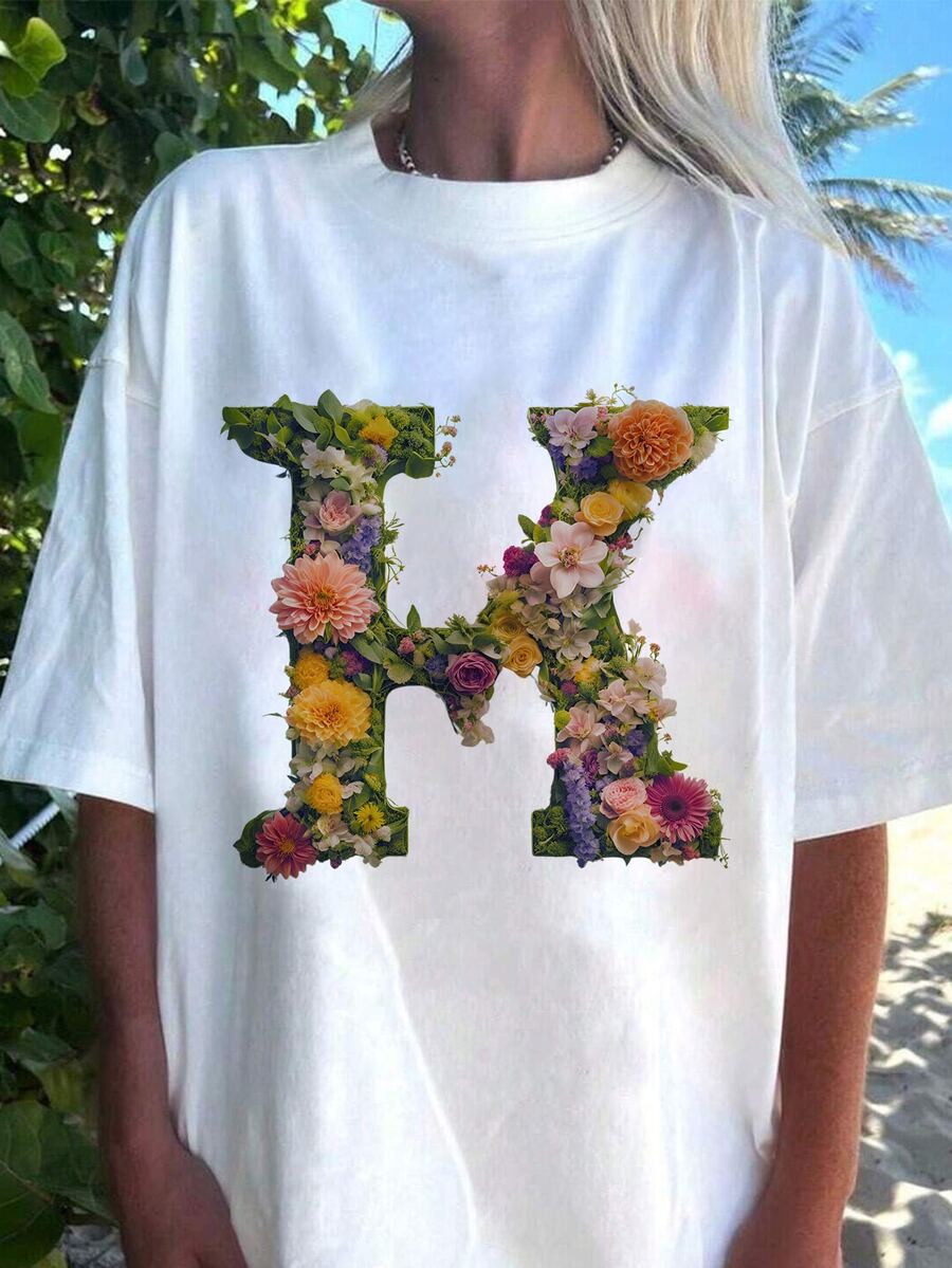 Ladies' Letter And Flower Combination Creative Pattern Loose Fashion T-Shirt - White - View 1