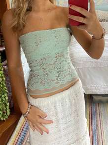 Women Lace Tube Top Without Bra  Y2k Floral Lace Sheer Mesh Strapless Bandeau Crop Tops Sexy Backless Sleeveless See Through Going Out Tops Off Shoulder Vests Shirts Vintage Aesthetic Clothes Streetwear - 薄荷綠 - 查看 5
