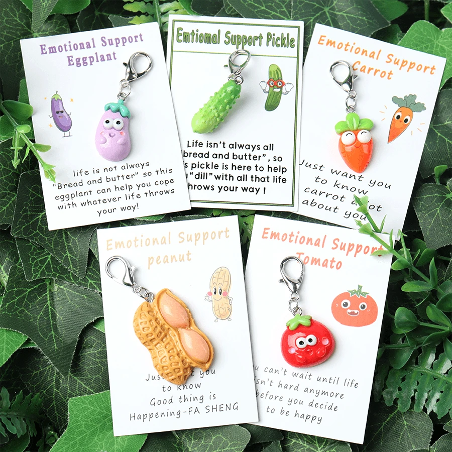 1pc/5pcs Emotional Support Resin Figurines Key Chain With Encouragement Cards - Pocket-Sized Positive Affirmation Decor, Pickle, Carrot, Peanut, Tomato, Eggplant Key Chain With Uplifting Messages, Ideal For Relax, Special Occasion Gifts & Home