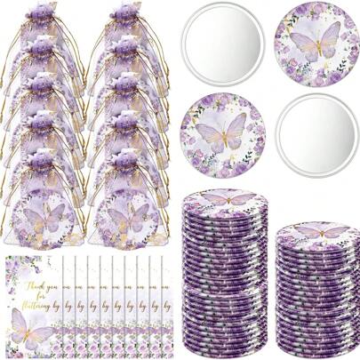 36 件蝴蝶主题派对礼品套装，包括 12 面化妆镜、12 张感谢卡、12 个欧根纱袋，无需电力，无羽毛，适用于婚礼、新娘送礼会、性别揭晓、生日