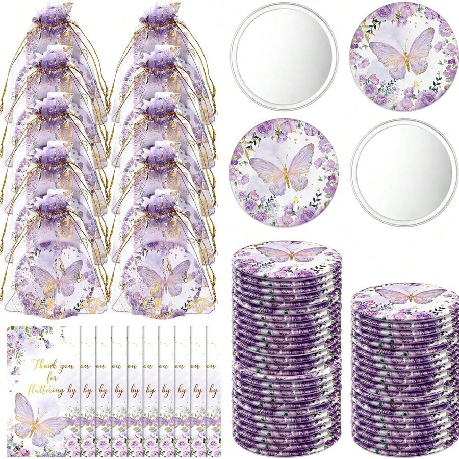 Bộ 36 món quà tặng tiệc theo chủ đề bướm, bao gồm 12 gương nhỏ gọn, 12 thiệp cảm ơn, 12 túi Organza, không cần điện, không lông vũ, dành cho đám cưới, tiệc cô dâu, tiết lộ giới tính, sinh nhật - Màu tím - Xem 1