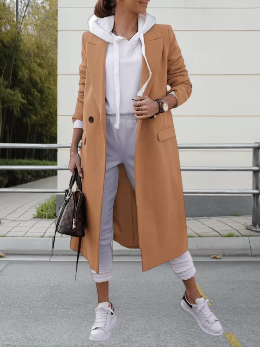 Tankaneo Gabardina de invierno de mezcla de lana cruzada para mujer de Youiham, chaqueta larga y elegante con cuello de solapa con muescas - Camel - Ver 1