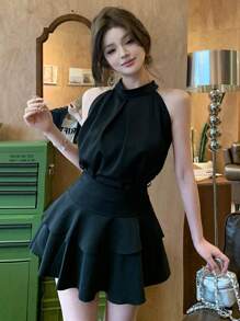 2 件套女士夏季露背无袖背心和荷叶边下摆 A 字迷你裙套装，优雅