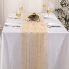 1 件珍珠雪纺桌旗，蓬松蕾丝桌饰，适合生日派对、情人节、舞会