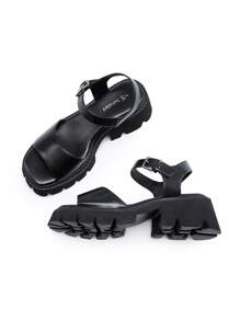 Women's Lug Sole Low Platform Summer Sandals, Stylish Open Toe Chunky Block Ankle Straps Heels Sandals For Summer/Spring - màu đen - Xem 6