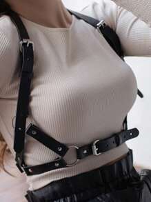 1pc Women's PU Leather Gothic Style Adjustable Suspender Waist Belt, Fashion Accessory - Black - View 1