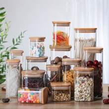 1PC/6PCS/12PCS Clear Glass Jars, Glass Condiment Jar, Spice Container With Airtight Bamboo Lids - Perfect For Tea, Coffee, Spice, Candy Storage - Includes Labels And Markers For Easy Organization - Ideal Kitchen Gadgets And Party Supplies