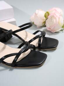 Women's Strappy High Heel Sandals, Sexy Black Thick Heel Square Toe Slip-On Dress Heels, Fashion High Heels For Wedding, Casual, Work - Black - View 3