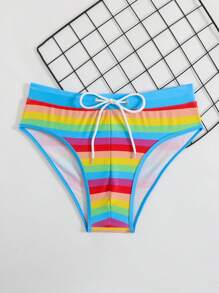 Men's Beach Vacation Casual Rainbow Stripe Drawstring Triangle Swim Trunks - Multicolor - View 2