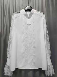 Blusa elegante de encaje con diseño de lazo y mangas acampanadas para mujer, camisa con adorno de encaje de moda para el trabajo