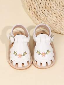 1 Pair Infant Girls Embroidered PU Hook And Loop Cute Flat Sandals, 0-1 Years Old Toddler Pre-Walker Shoes, Suitable For Summer - White - View 2