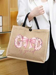 Khaki Tote Bag Two Pieces Set, Along With A Small Makeup Bag, "God" Letter Bow Zipper Women's Makeup Bag - Khaki - View 7