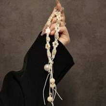 手工制作花卉串珠流苏挂绳腕带，适用于手机壳、汽车钥匙链、包包吊饰，创意设计 - 米白花卡其白珠手繩 - 查看 5