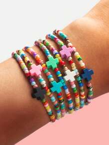 7pcs/Set Minimalist Multi-Color Rice Pearl Beaded Cross Elastic Women Bracelet Set/Couple Bracelet, Suitable For Daily Wear - Multicolor - View 5