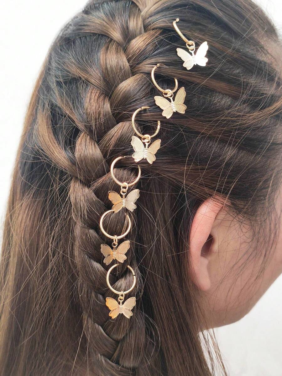 6/9/11 件时尚蝴蝶、星星、硬币吊坠编织发圈，适合时尚女孩 - 彩色 - 查看 1