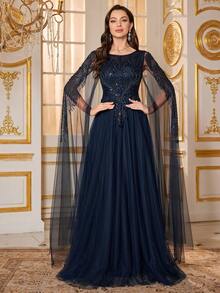 SUPGIR 女士圆领超长袖串珠亮片拼接窄腰蓬蓬裙网纱面料优雅晚礼服 - 藏蓝色 - 查看 4