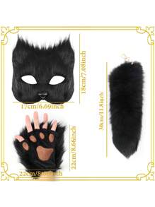 毛茸茸的兽人面具和狐狸尾巴手套套装（适合女孩）、猫面具兽人、狼兽人装备舞会 - 彩色 - 查看 3