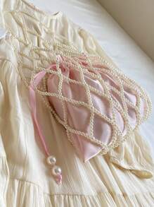 1pc Handmade Beaded Rhombus Weave Pearl Fishing Net Style Handbag, Sweet And Elegant Design For Women, Suitable For Summer Beach Vacation (With Drawstring Inner Pouch)