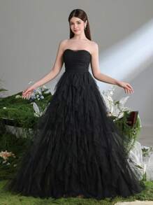 Teen Girls' Layered Mesh Overlay Strapless Party Dress - Black - View 2