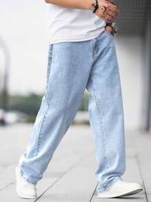 Men's Solid Color Jeans With Slanted Pockets - Baby Blue - View 4
