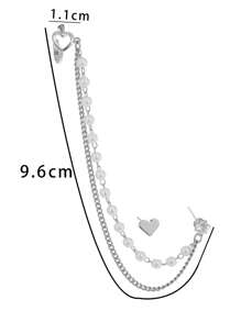Nooxian 2pcs/Set Heart Shaped Faux Pearl Tassel Copper Zirconia Ear Cuff & Earring Set (Pearl Quantity Random) - Silver - View 4