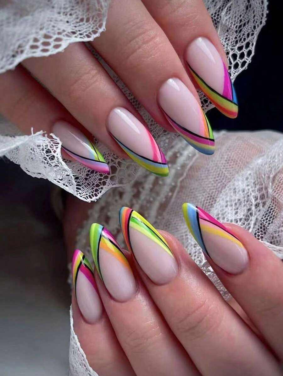 24 Móng tay giả sọc đen bóng nhiều màu dài vừa phải, Miếng dán móng nghệ thuật hình giọt nước kiểu Pháp nhiều màu tương phản, Miếng dán móng thanh lịch, Phụ kiện làm móng - Nhiều màu - Xem 1