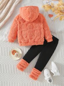 Girls' Winter New Warm Plush Love Hooded Korean Fashion Two-Piece Suit, Suitable For Outdoor Scenes. - 橘色 - 查看 2