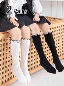 2 Pairs Girls Lace Frill Edge Knee High Socks, Korean Sweet JK Style Lolita Princess Long Socks, Suitable For Dresses And Mary Jane Shoes - Multicolor - View 2