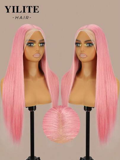 Yilite 22인치 핑크 레이스 프론트 가발 인모 13x4 핑크 가발 스트레이트 헤어 레이스 프론트 가발 인모 사전 뽑은 컬러 12A 180 밀도 레이스 프론트 가발 인모 베이비 헤어 포함