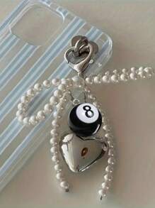 Black Number 8 Billiards Ball Heart Charm Elegant Silvery Heart & Faux Pearl Bow Pendant Y2K Accessories Bows
