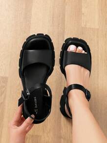 Women's Lug Sole Low Platform Summer Sandals, Stylish Open Toe Chunky Block Ankle Straps Heels Sandals For Summer/Spring - màu đen - Xem 1
