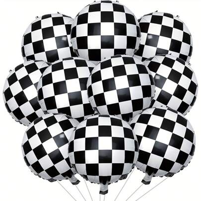 10 piezas de globos redondos de 18" con diseño a cuadros blanco y negro, decoración para fiesta de cumpleaños con tema de carreras, suministros para fiestas, globos de helio con tablero de ajedrez blanco y negro